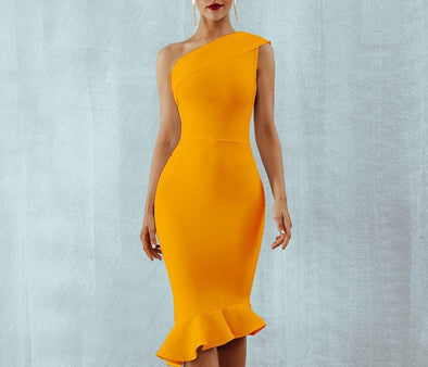 One Shoulders Ruffles Bandage Dress